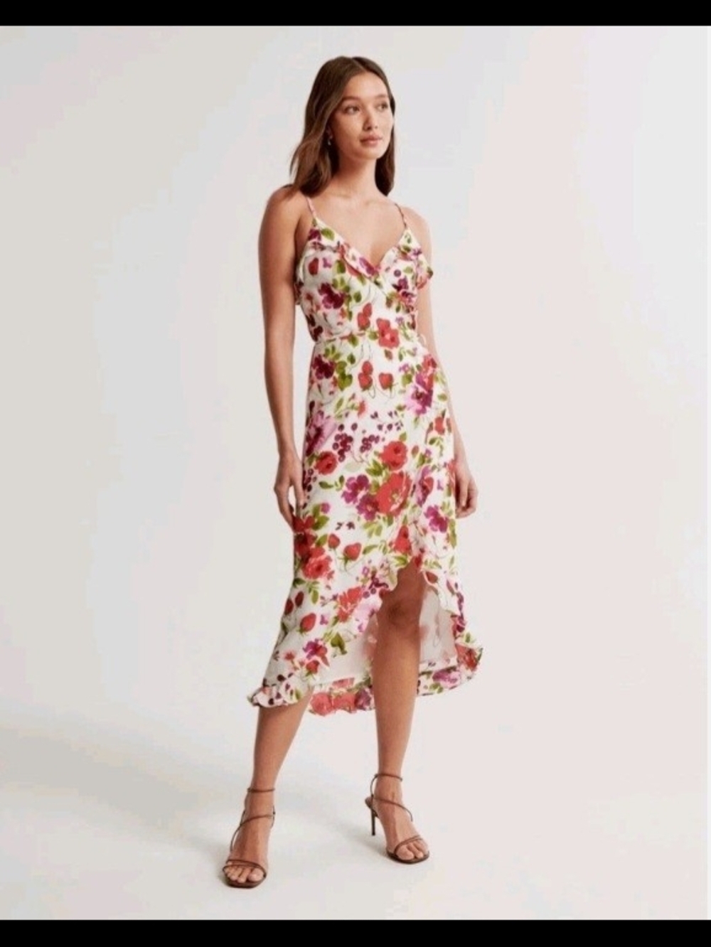 Abercrombie & Fitch Floral Wrap Midi Dress White Pink Purple Ruffle Sleeveless S
